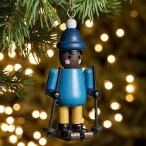 NWT - West Elm Wooden Skier Ornament in Blue and Yellow